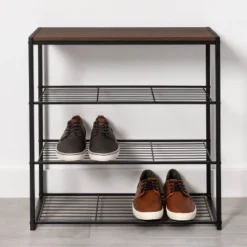 4 Tier Shoe Rack Black Metal With Walnut Wood - Brightroomâ„¢